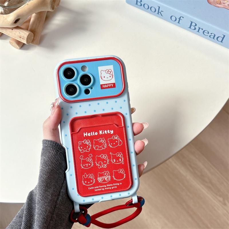 Fashion Cute Line Hellokitty Card Holder Phone Case For iPhone 17 Pro 16 15 14 Pro Max Cover with Hand Rope Cartoon Shockproof C
