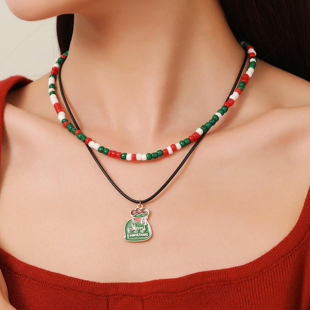 Snowflake Christmas Tree Santa Claus Pendant Chokers Women's Christmas Colorful Beads Necklace Collarbone Chain Xmas Gifts