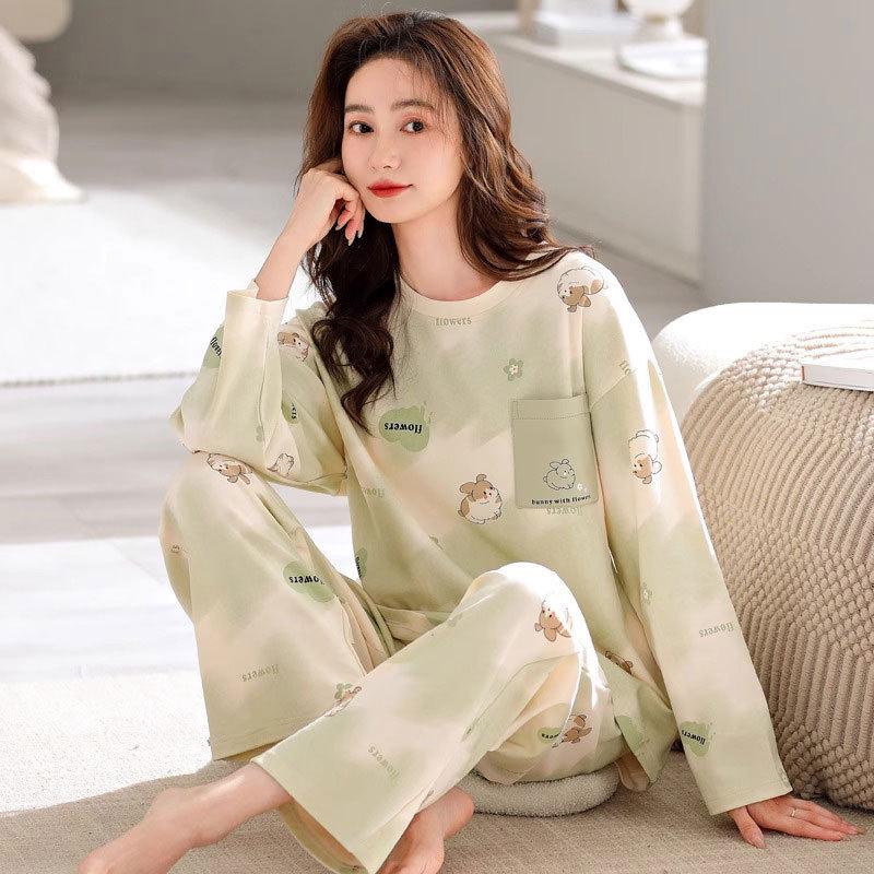Women's Casual Sweet Pajama Set: Long Sleeve Round Neck with Pants, Versatile for Indoor and Outdoor Wear in Spring, Autumn, and Winter.