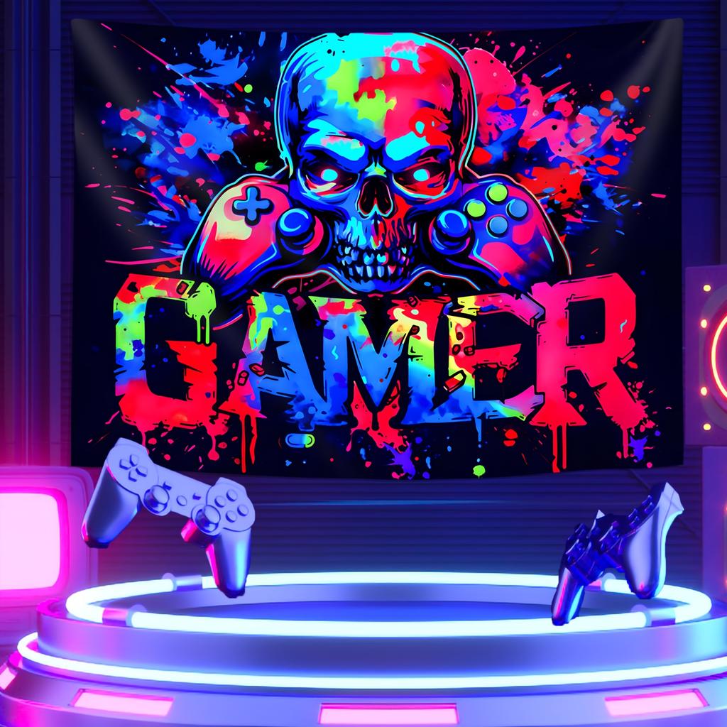 VIKAMA Colorful Skull Gamer Tapestry with Game Controller Graffiti for Bedroom Living Room Decor Aesthetic Edgy Gaming Wall Art