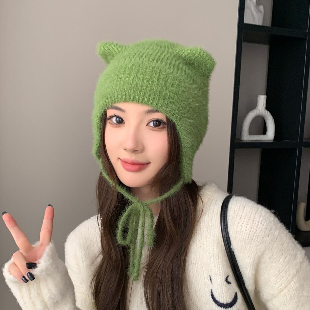 Cute Bear Ears Knitted Wool Hat Women's Big Head Circumference Versatile Face Little Lei Feng Hat Warm Ear Protection Hat Tide