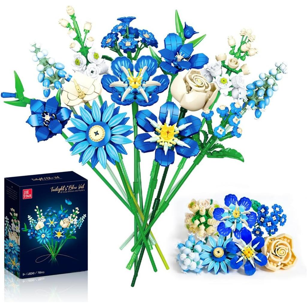 Blue Tulip Micro-Particle Flower Bouquet Building Set for Adults, 766 Pcs DIY Floral Kit for Home Office Decor, Perfect Mother's Day, Valentine's