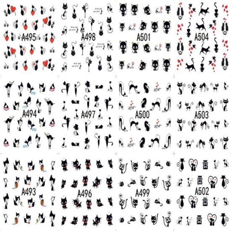 1 Arkusz 12 Rodzaje Woda Przenieś Nails Art Naklejka Kot Wzory Nail Wraps Naklejka
