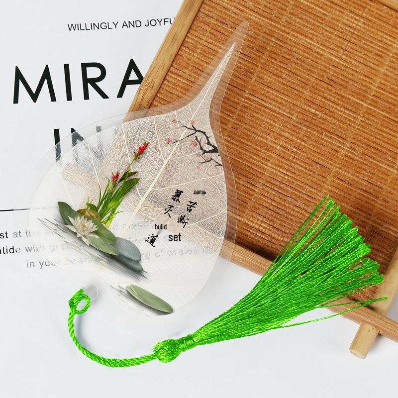 Chinese Bodhi Leaf Bookmark: Floral Ink Wash Style with Peach Blossom, Peony, and Lotus