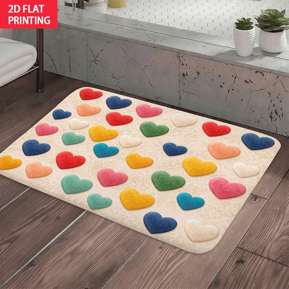2D Flat Multicolor Hearts Pattern Cute Flannel Bath Mat Non Slip Love Theme Rug For Bathroom Kids Room Floor Decor
