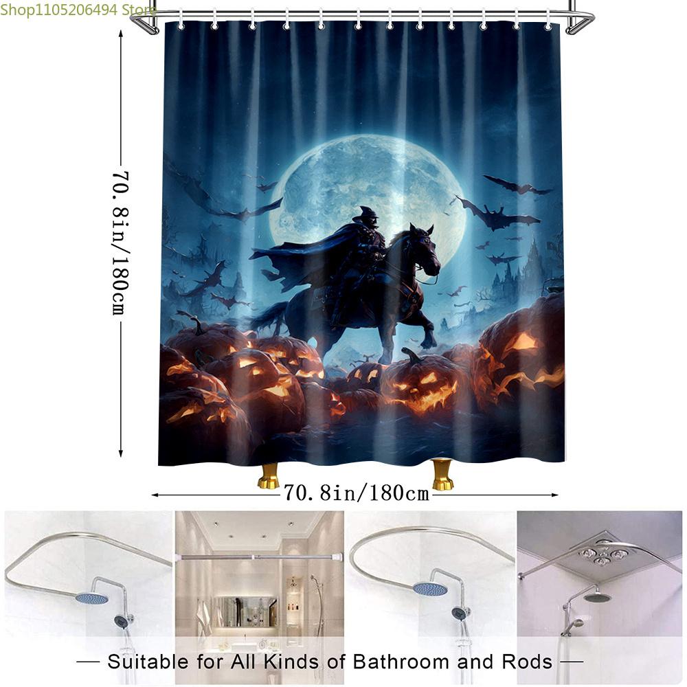 1pc Gothic Dark Knight Shower Curtain - Medieval Knight on Horseback with Bats & Jack-O'-Lanterns, Spooky Bathroom Decor, Larg