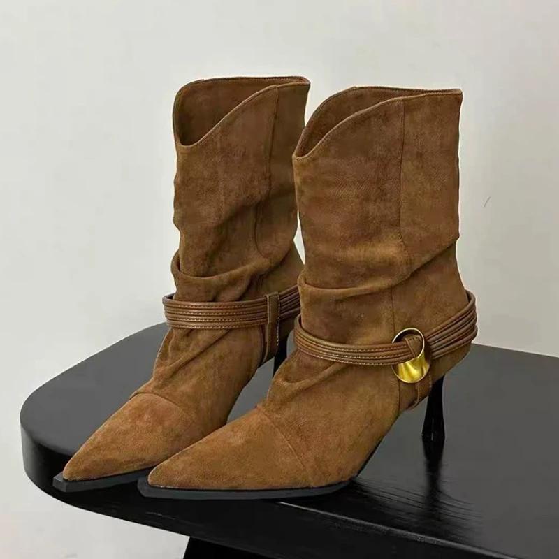 Hot Selling 2025 New Elegant Women Ankle Boots Pointed Toe High Heels Shoes Winter Designer Dress Short Boots Pumps Mujer Botas