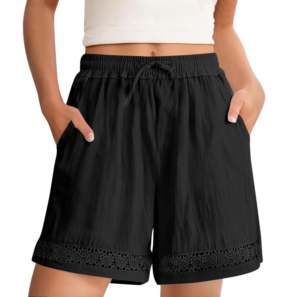 Women's Fashionable Casual -Colour Vintage-Inspired Lace-Up Cotton-Linen Blend Shorts With Drawstring Waist