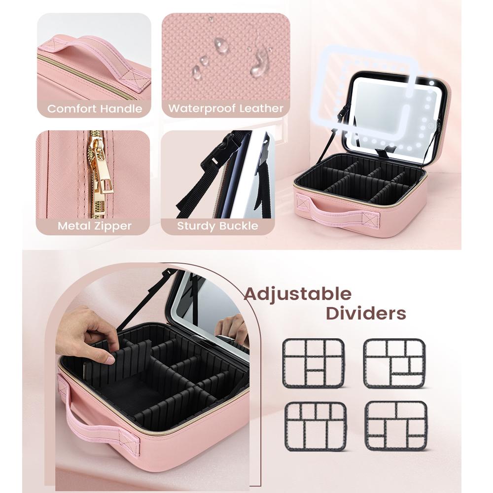 Portable Makeup Bag with Lighted Mirrors Travel Cosmetic Case Organizer with 3 Color Lights Mirror Dividers Brush Cases Holder