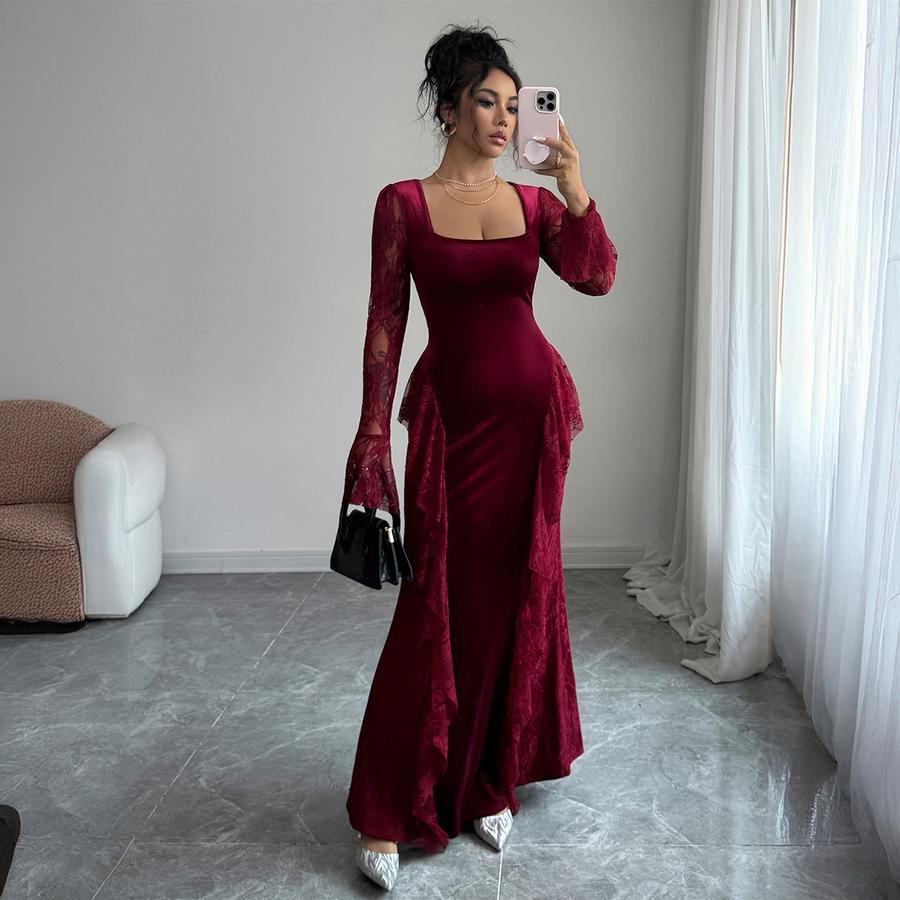 Elegantes Windknopf Langarm Bodycon Maxi Kleid für Damen Herbst/Winter