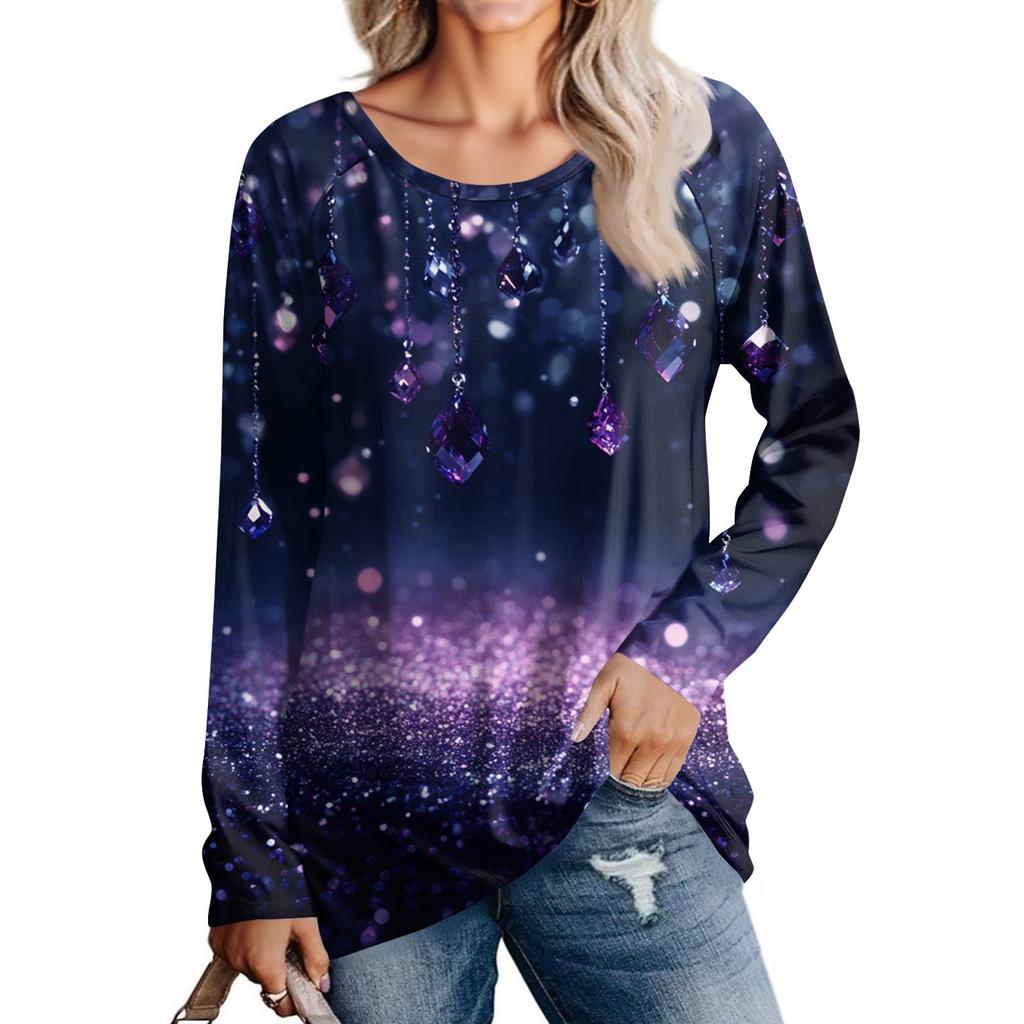 Women's Fashion Casual Long Sleeve  Print Round Neck Pullover Top Blouse