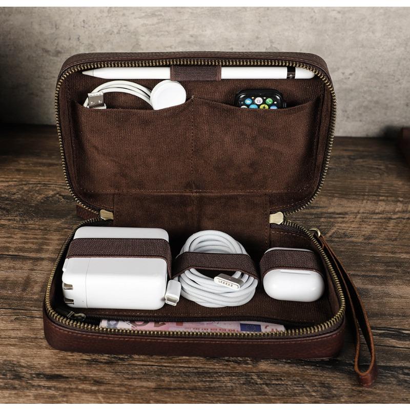 Genuine Leather Phone Cable Storage Bag Zipper Portable