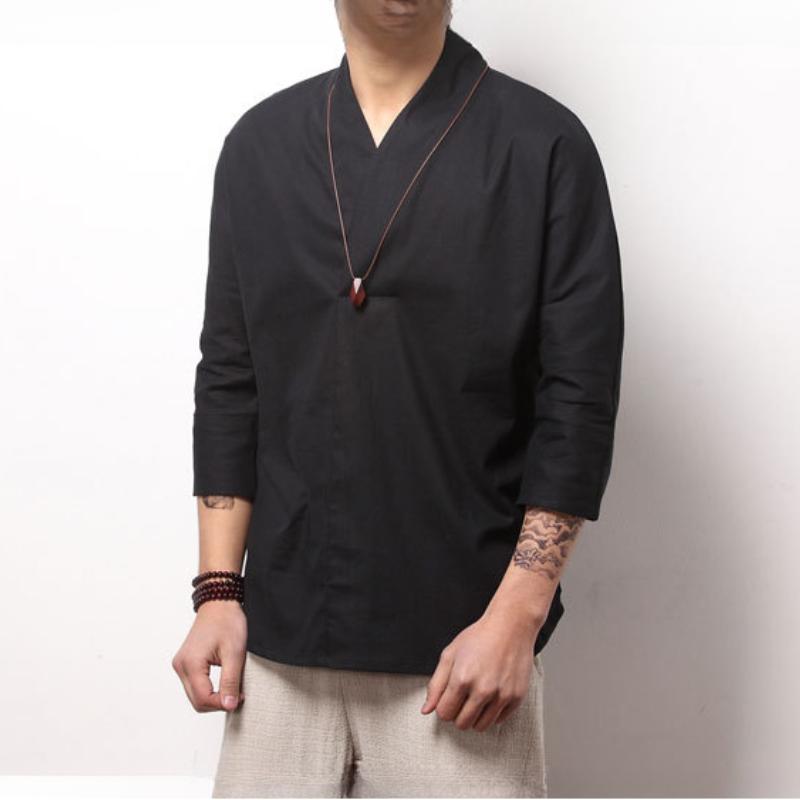 Chinese Style Retro Cotton and Linen Short-sleeved V-neck T-shirt Summer Three-quarter Sleeve Men's Linen Hanfu T-shirt