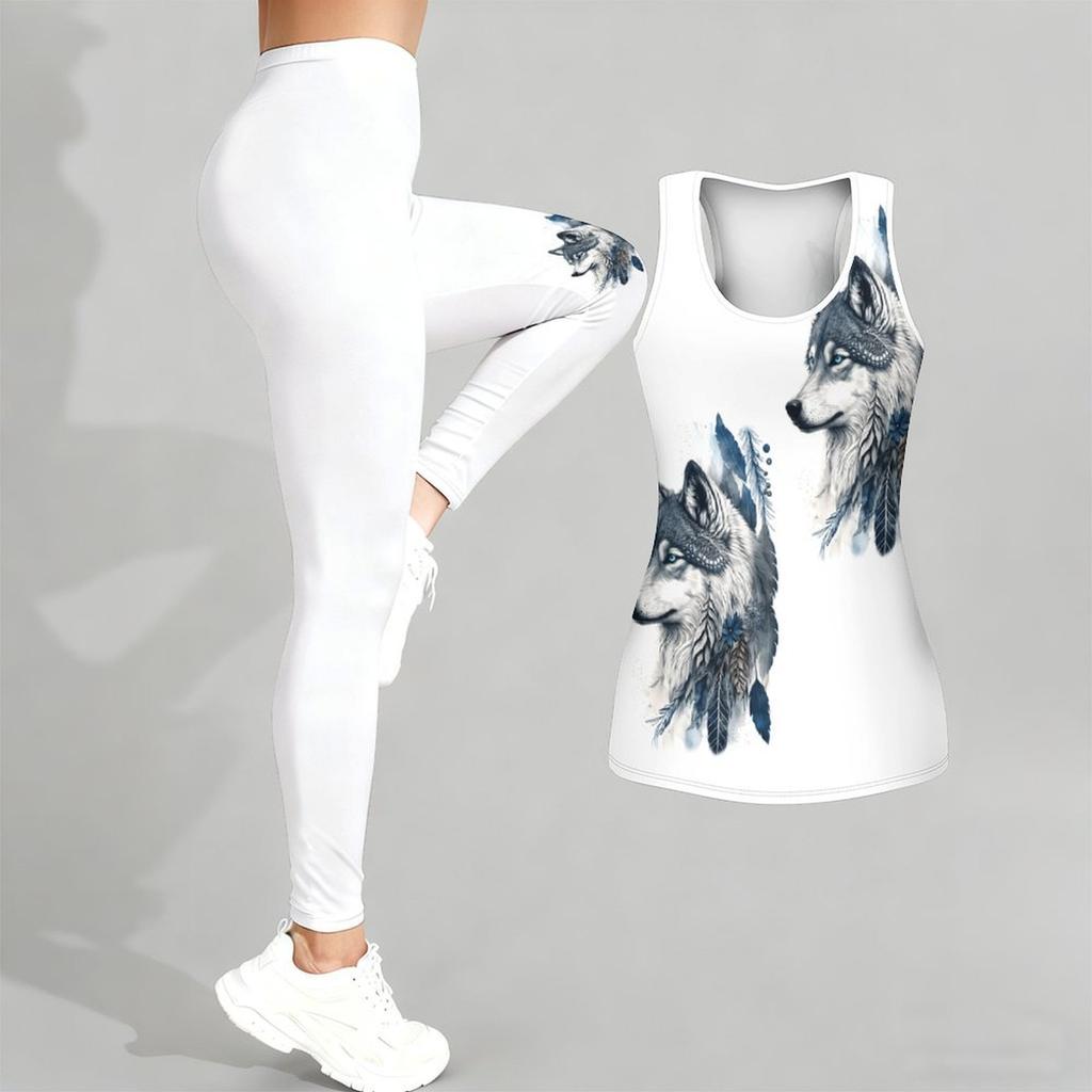 Strój do jogi z nadrukiem totemu wilka dla kobiet Modne legginsy treningowe Zestaw do fitnessu i sportu Codzienny zestaw do jogi Garnitur sportowy