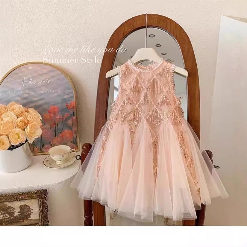 Girls Summer Sequin Beaded Sleeveless Princess Dress Elegant Party Vest Gown For Kids Formal Occasion Wear 90cm