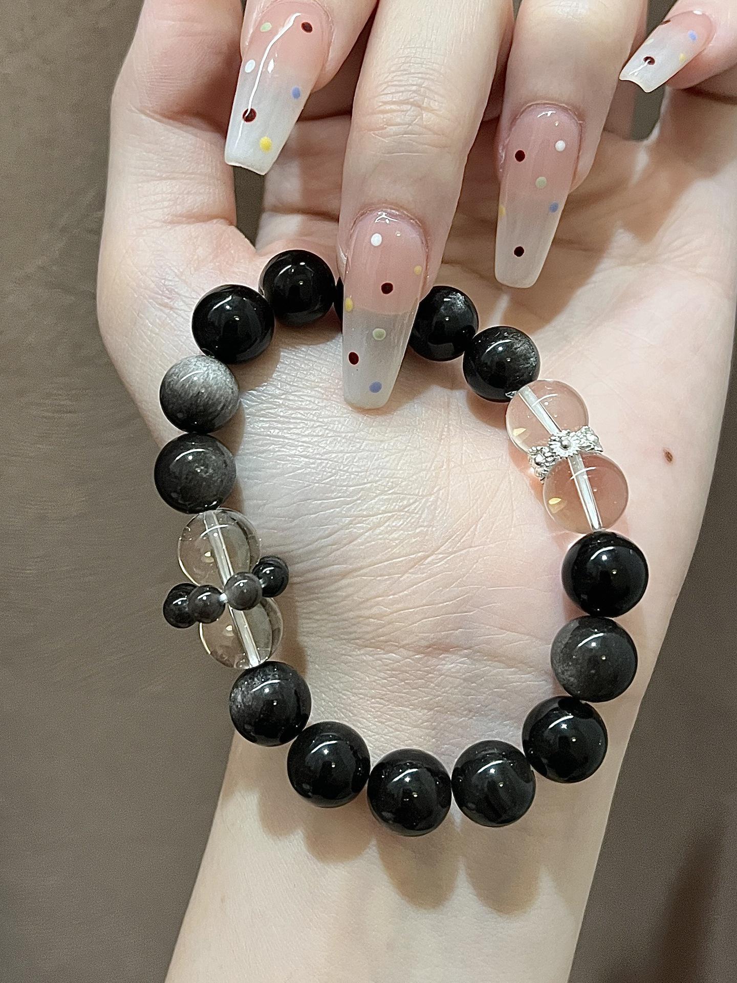 Серебряный браслет из бусин черного обсидиана и белого кристалла - Оригинальный, Универсальный, Роскошный дизайн