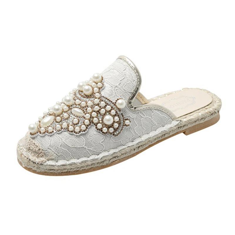 Spring new flat-bottomed casual round head vine bottom straw woven fisherman shoes women's shoes versatile beaded women's single shoes