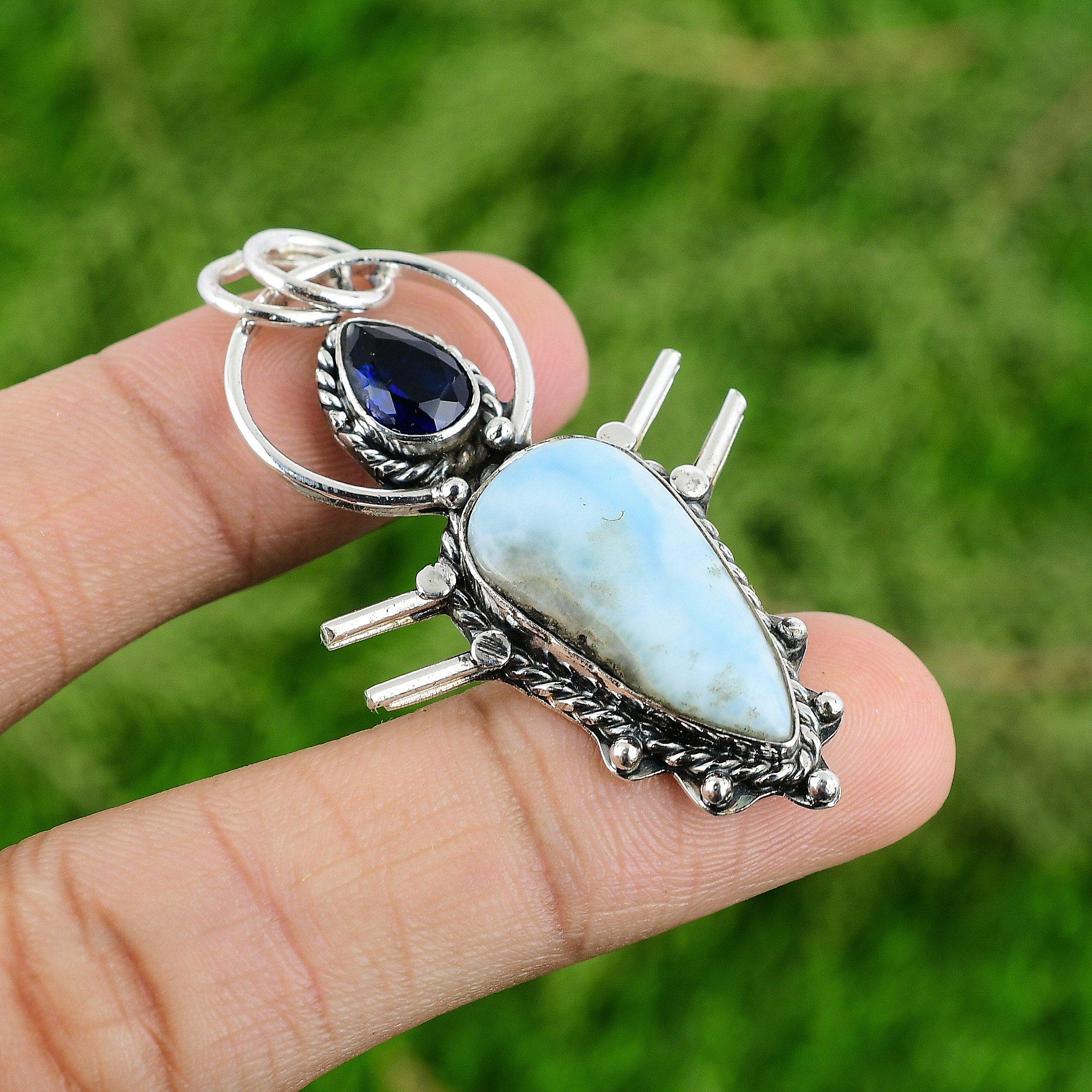 

Pear Larimar Stone Tanzanite Quartz Wife Bezel Pendant Jewelry Sterling Silver
