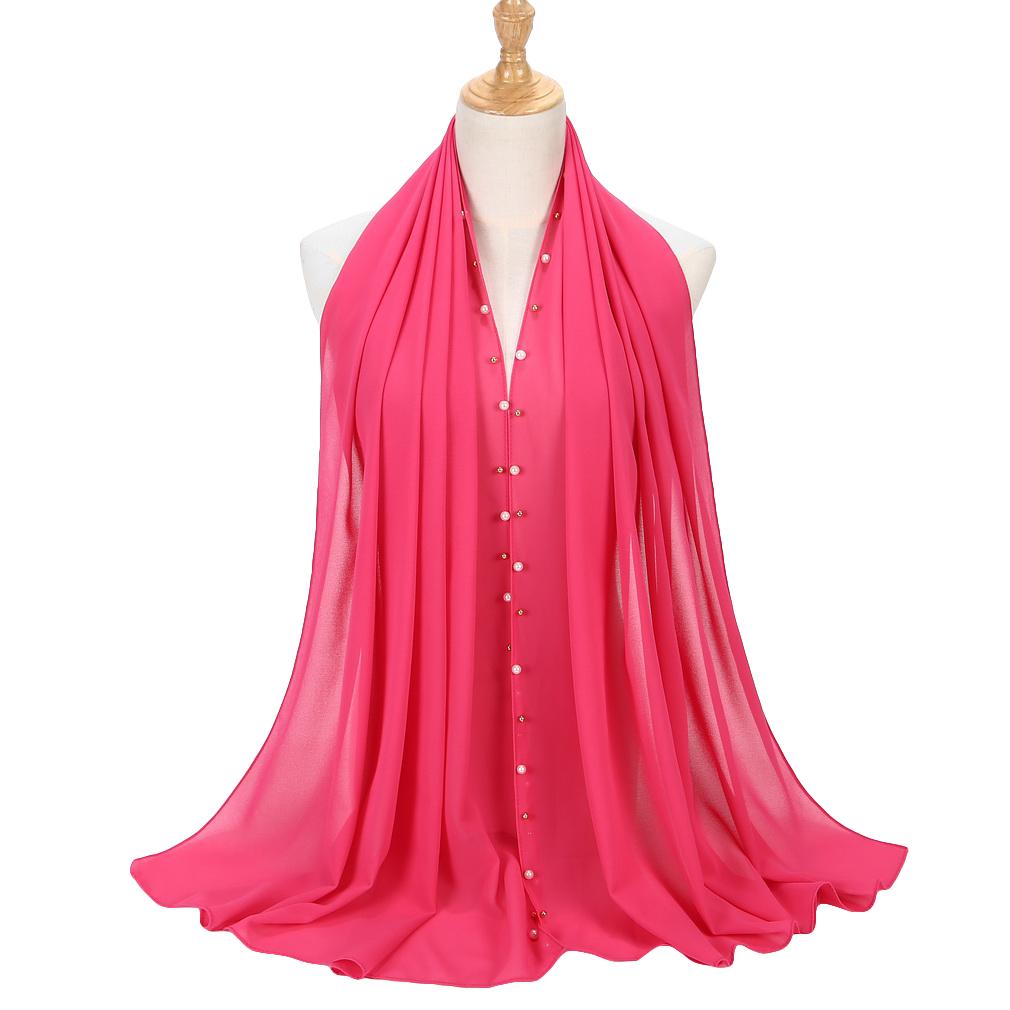 Women's Solid Chiffon Pearl Scarf, Elegant Beaded Hijab Shawl, Muslim Headscarf for Daily/Party