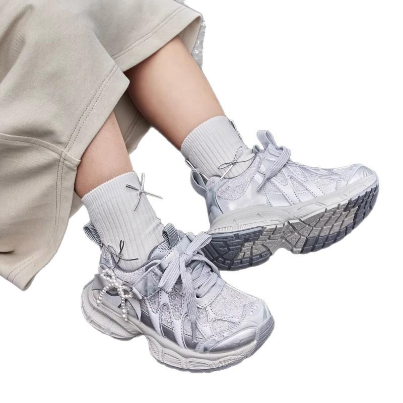 Youth Style Shoes Girls Chunky Sneakers Breathable Mesh Upper Rubber Sole Velcro Fall Casual Sport Shoes