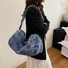 Damen-Umhängetasche mit Farbblock-Muster, Denim-Umhängetasche, große Kapazität, Unterarmtasche