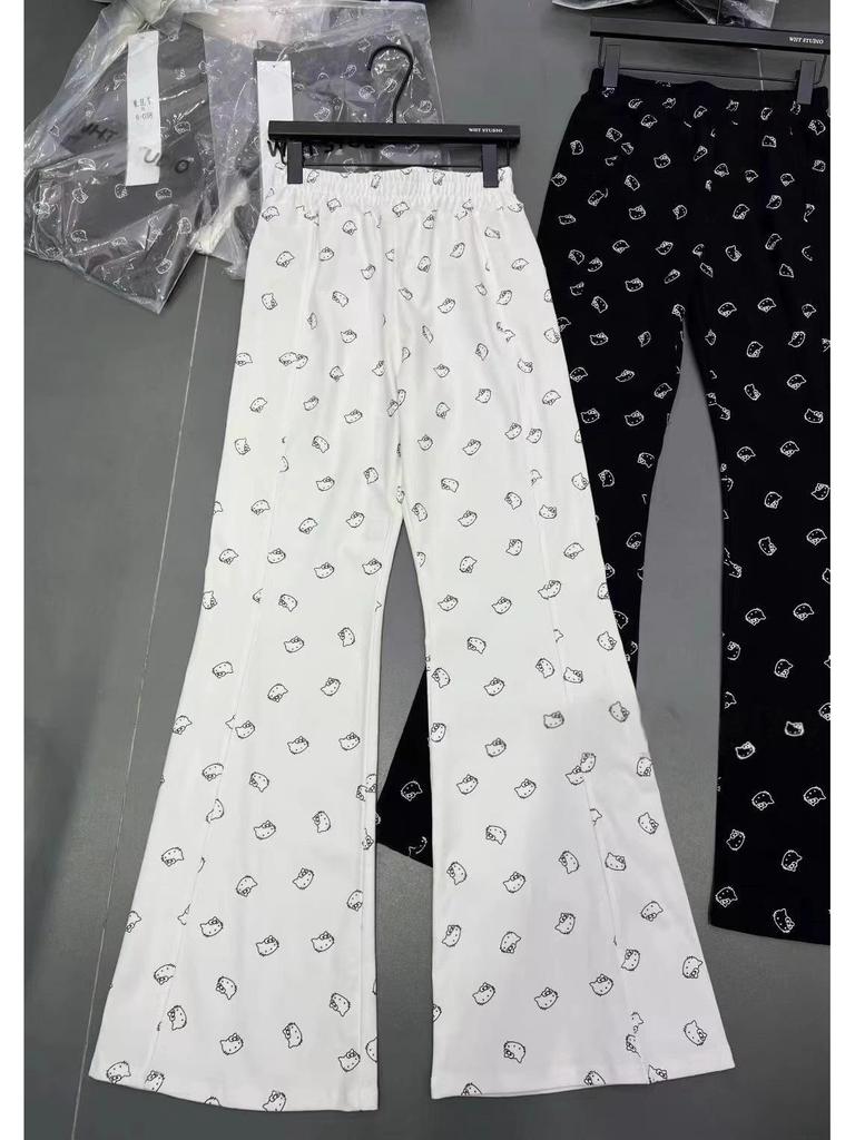 High Waist Blue Smiley Micro Flare Wide Leg Pants for Women - Slimming, Floor-Length, Spring/Autumn, Straight Loose Fit