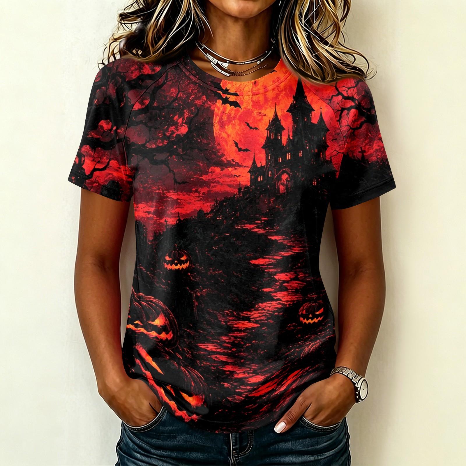 Women s Halloween Printed Short Sleeve Raglan Top, Round Neck Casual Blouse S