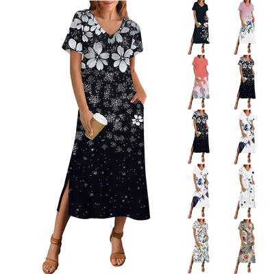 Women's Summer Floral Print Dress Short Sleeve Beach Dress With Pockets Casual V-Neck Hem One Side Slit Dress
