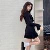 Pure desire hot girl sexy V-neck dress women's autumn and winter new ruffle leaf edge horn sleeve slim little black dress
