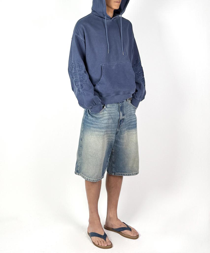 Vintage Dragon Embroidery Oversized Pigment Hoodie (Washed Blue)