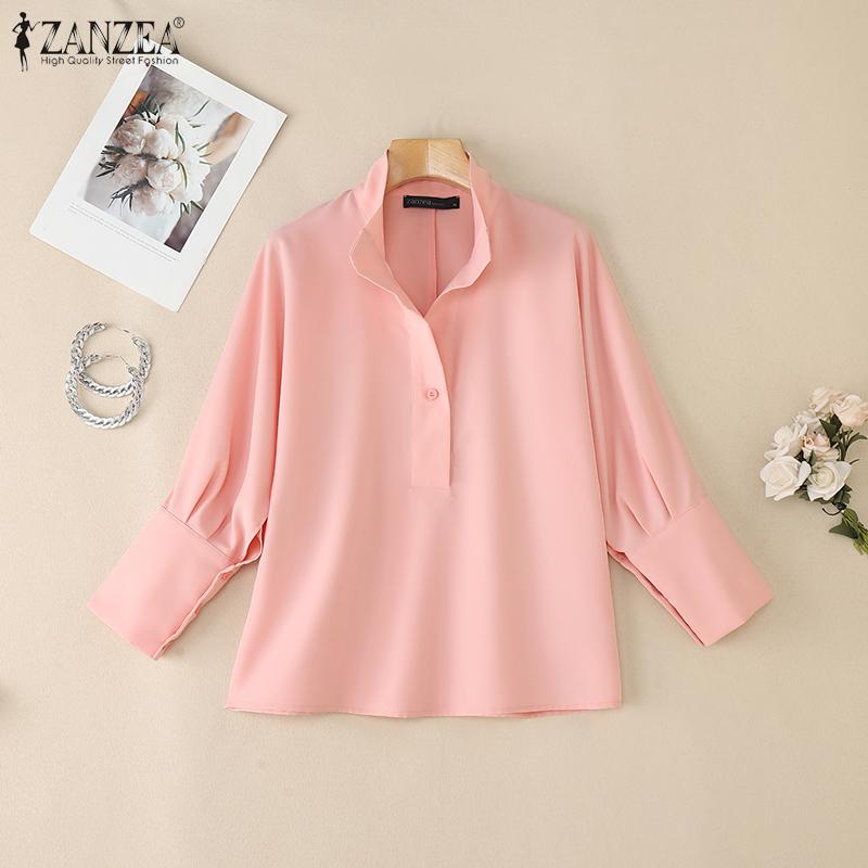 ZANZEA Women Classic Collar Loose Casual 3/4 Sleeve Plain Blouse