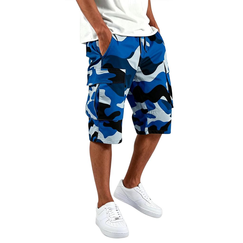 Herren Cargo-Shorts Mehrere Taschen Kordelzug Taille Lockerer Schnitt Knielang Camouflage-Muster Lässige Hose