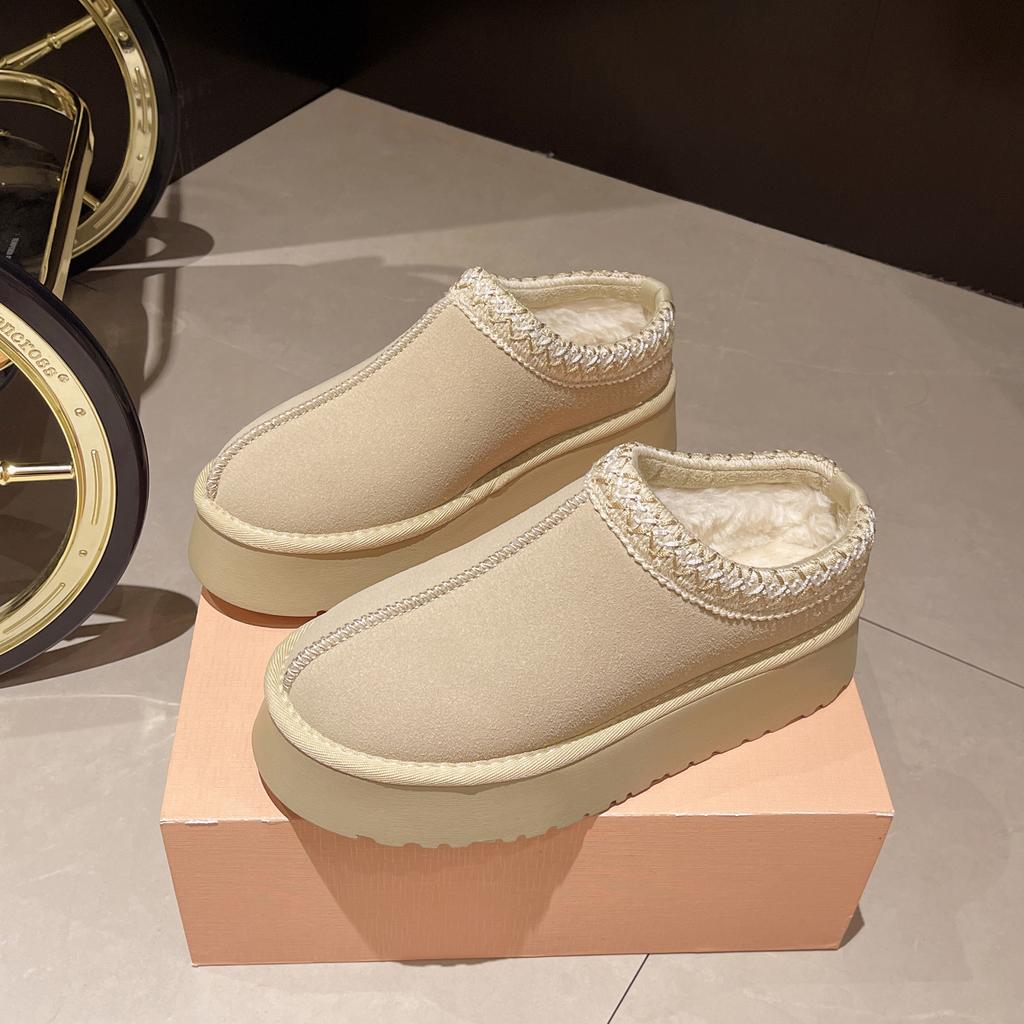 Snow Boots Women Winter New Short Cashmere Warm Thick-soled Shoes Without Heels Wool Half Slippers Women's Cotton Shoes
