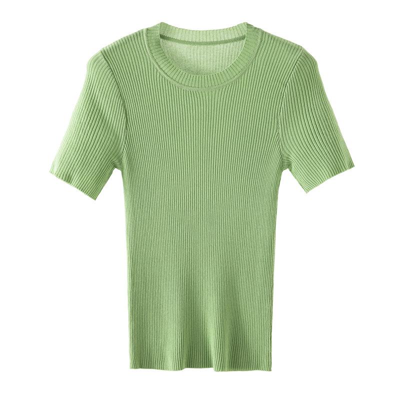 1116 summer new round neck slim bottom short-sleeved t-shirt women's top tight inside ice silk knitted sweater thin wholesale