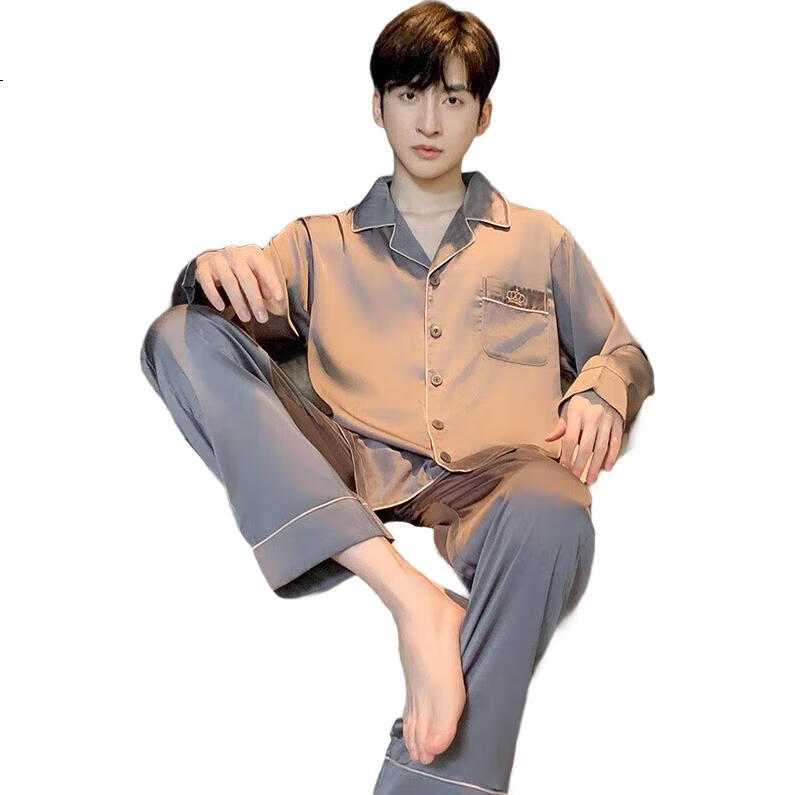 LANGSHA Plus-Size Ice Silk Pajamas for Men, Spring And Summer High-End Thin Style New Product, Wearable Outside, Long-Sleeve Long Pants Home Wear Set