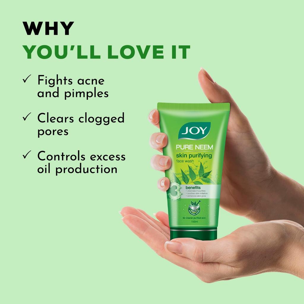 JOY Skin Purifying Neem Face Wash 150ml | Gentle Daily Cleanser For Oily & Acne-Prone Skin | Controls Excess Oil, Minimises Blemishes