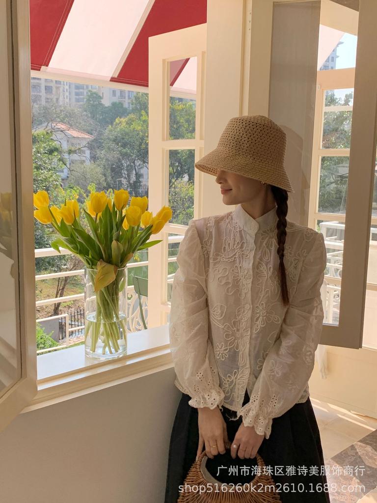 Elegant Women's Lace Crochet Stand Collar Shirt - Early Spring Slim Fit, Long Sleeve Design