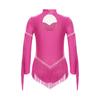 Girls Fringe Latin Dance Costume Mock Neck Long Sleeve Keyhole Back Shiny Rhinestones Tassels Leotard