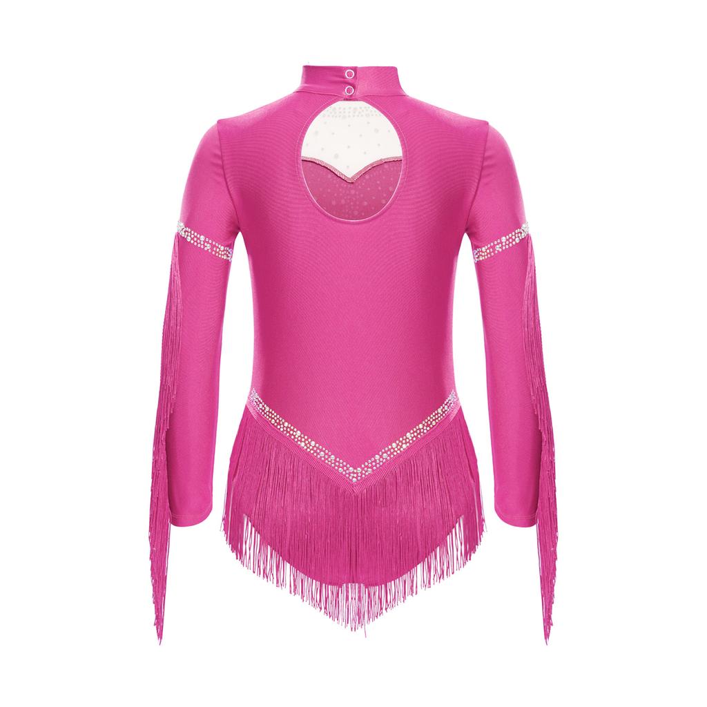 Girls Fringe Latin Dance Costume Mock Neck Long Sleeve Keyhole Back Shiny Rhinestones Tassels Leotard