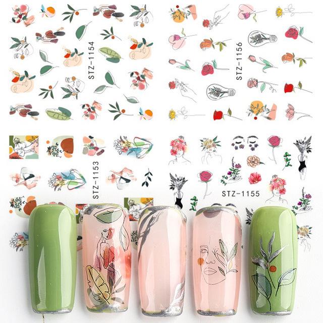 4Pcs Nail Art Slider Black Green Leaves Colorful Flowers Butterfly Spring Summer Nail Simple Designs Nail Art Stickers
