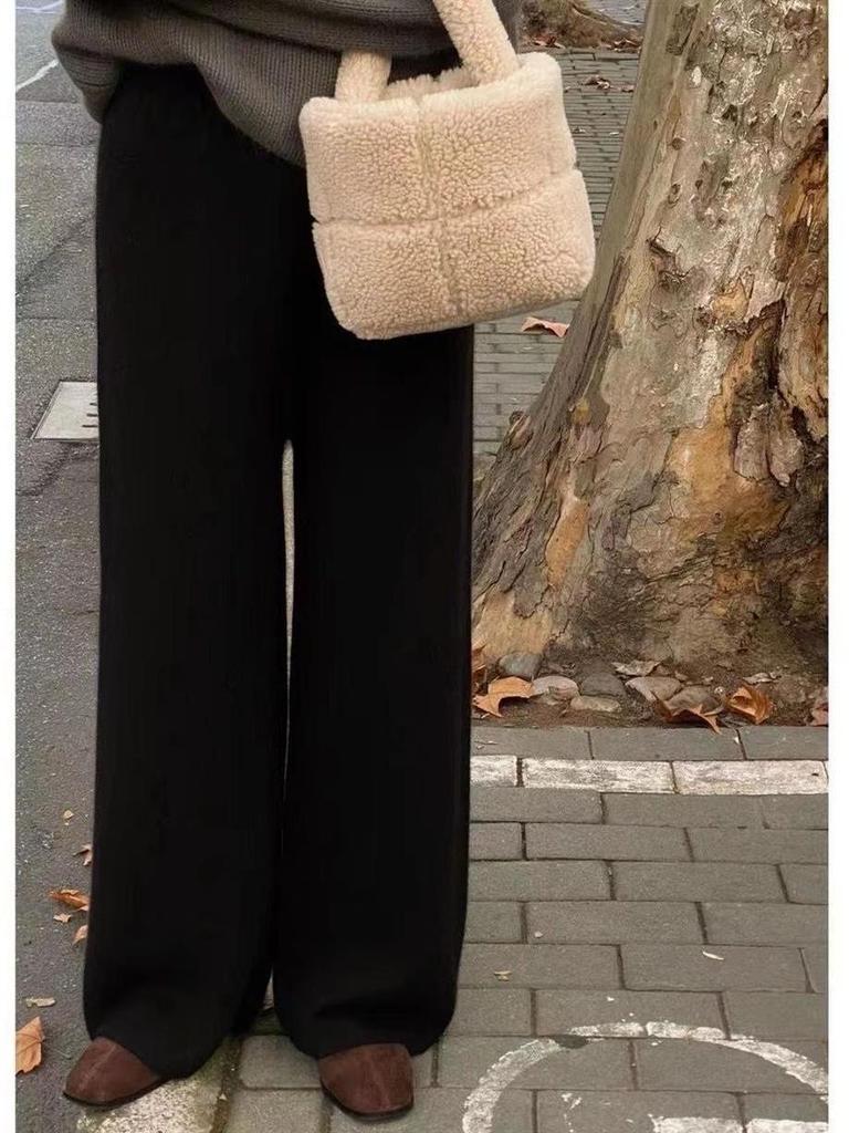 Women's Soft Fluffy Wool Wide-Leg Pants, Thickened Knit Cashmere, Petite Drape Long Straight-Leg.