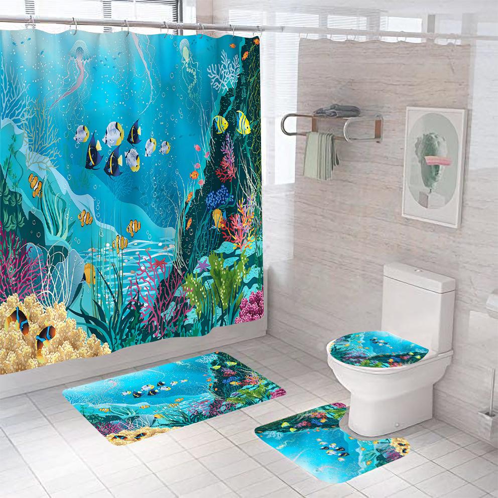 Bathroom Shower Curtain Four-piece Digital Printing Sand Underwater World Waterproof Shower Curtain Shower Curtain Partition Curtain Bath Mat