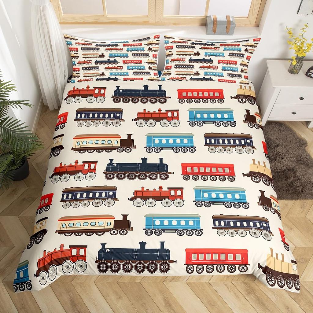 Cartoon Zug Bettwäsche Set Full Queen King Vintage Dampflok Bettdeckenbezug, Reise Eisenbahnstrecke Transport Bettbezug