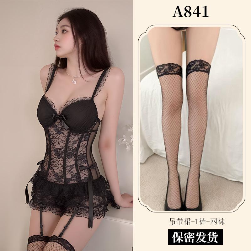 Sexy underwear suspenders, corset pajamas, hot steel rings gather lace seduction, nightdress suit, uniform A