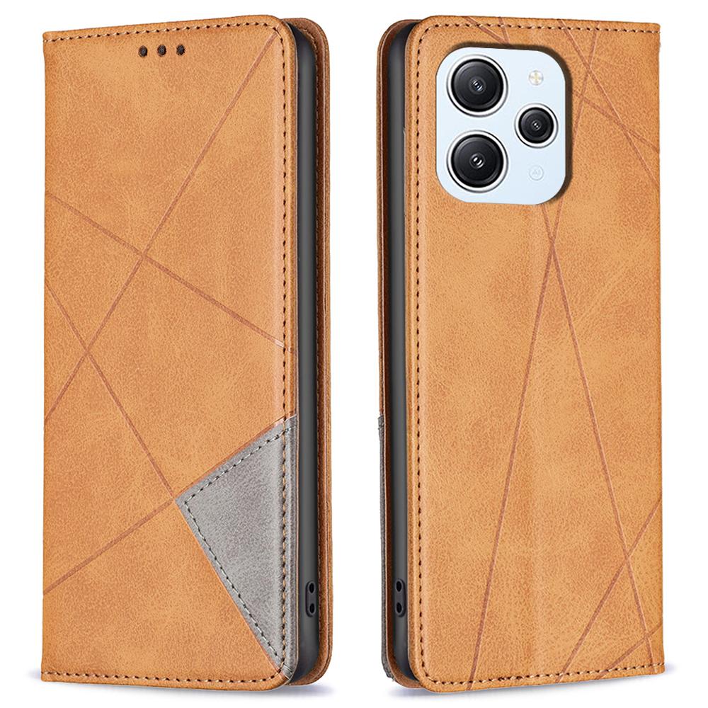 

For Xiaomi Redmi 12 4G Card Holder Cell Phone Case Imprinted Line Stand Leather Phone Cover Yellow