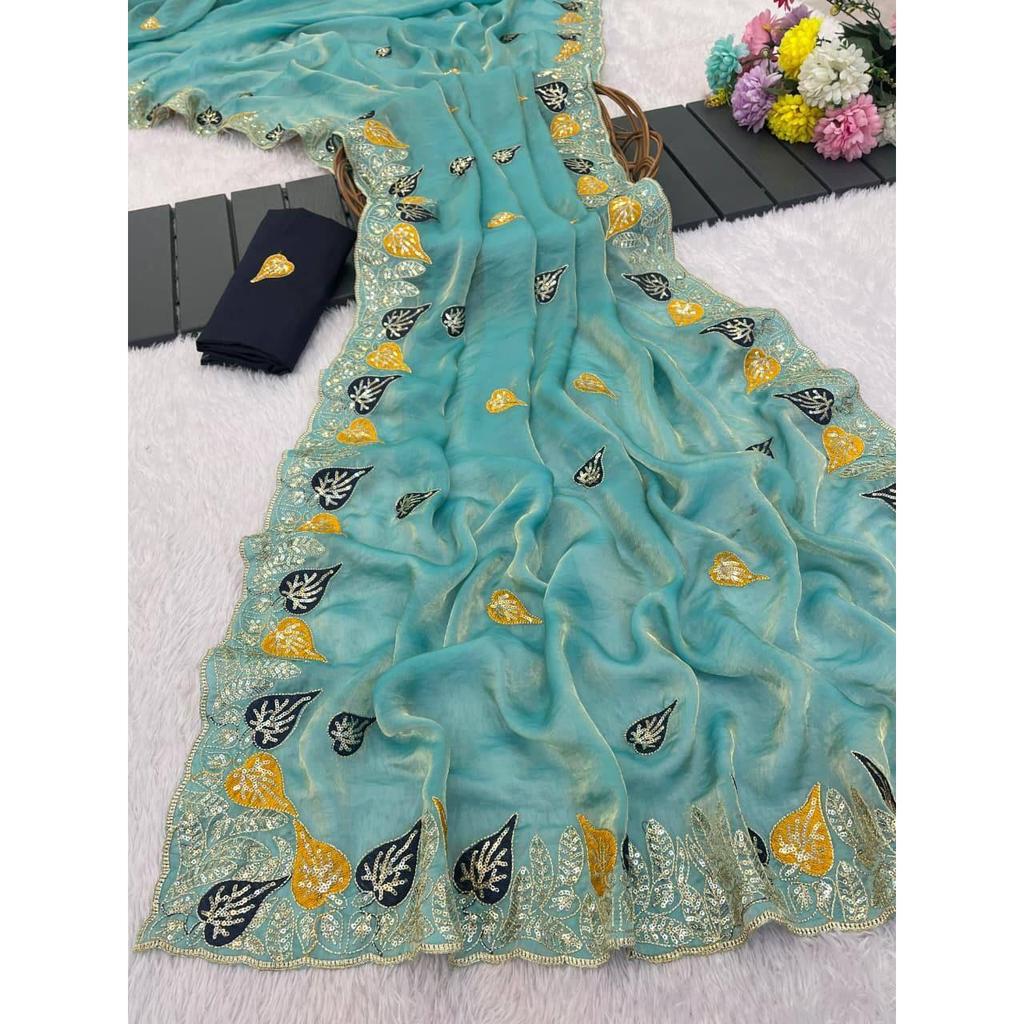 Saris purs et doux en satin Fandy avec d'incroyables sequins de 3 mm et du travail au fil multicolore