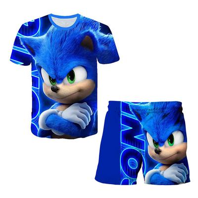 New Japanese Cartoon Sonic 2 T-shirt Children's Top Shorts Two-piece Set Summer Boy Cartoon Cute SONIC T-shirt+beach Pants