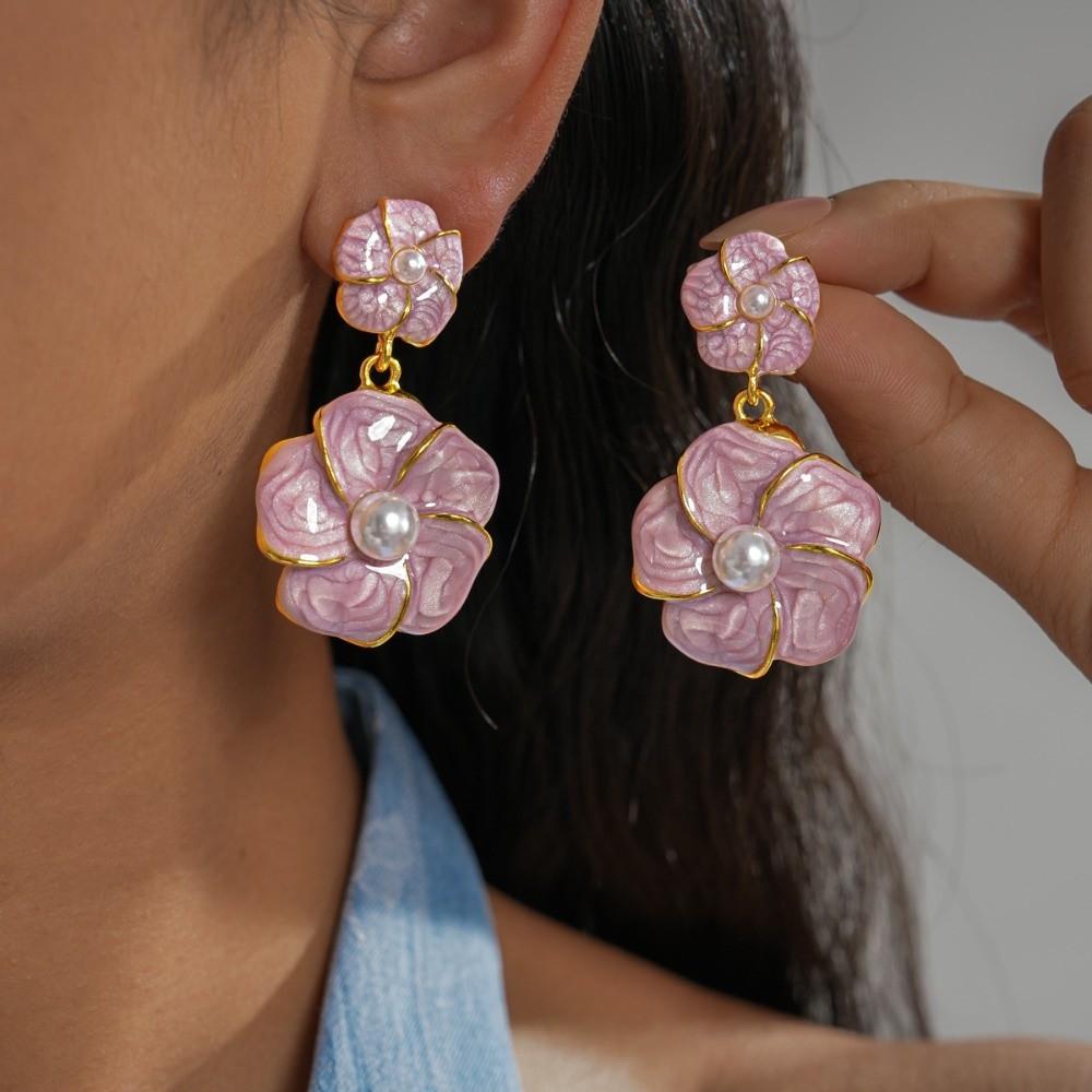 Purple Floral Dangle Earrings Pearl Ear Jewelry Elegant Camellia Flower Earrings Female