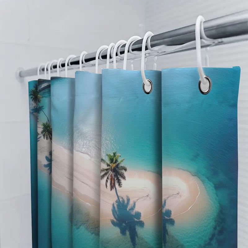 3D Printed Beach Shower Curtain Waterproof Fabric For Bathroom Decor Ocean Blue Tropics With Palm Trees, Size180 X 200 Cm (70X79