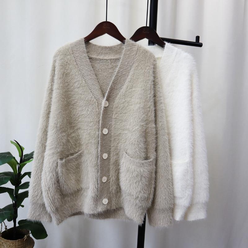Imitation mink velvet knitted cardigan women's loose V-neck versatile solid color autumn and winter new sweater jacket thick